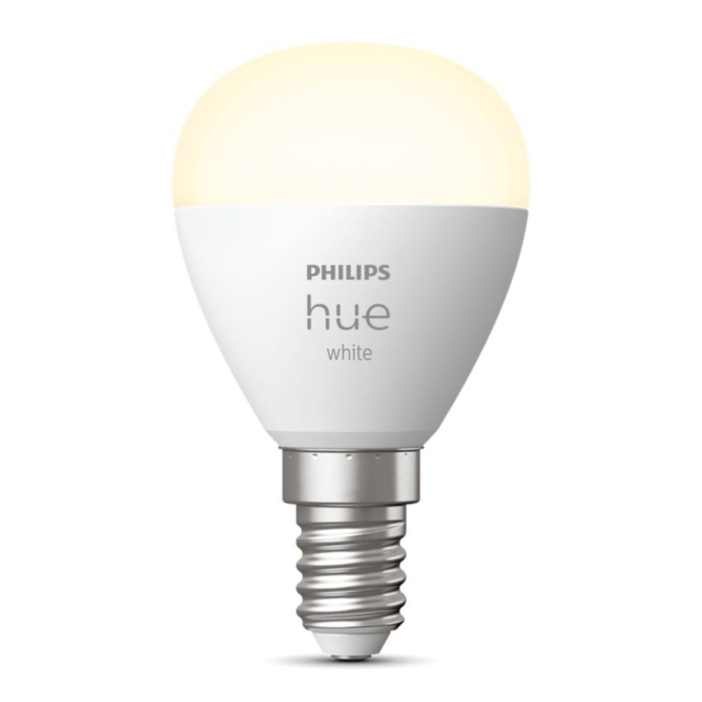 Philips Hue Luster Smart LED-pære E14 470 lm hvid med rund top, sølvfatning og synligt Philips Hue-logo.