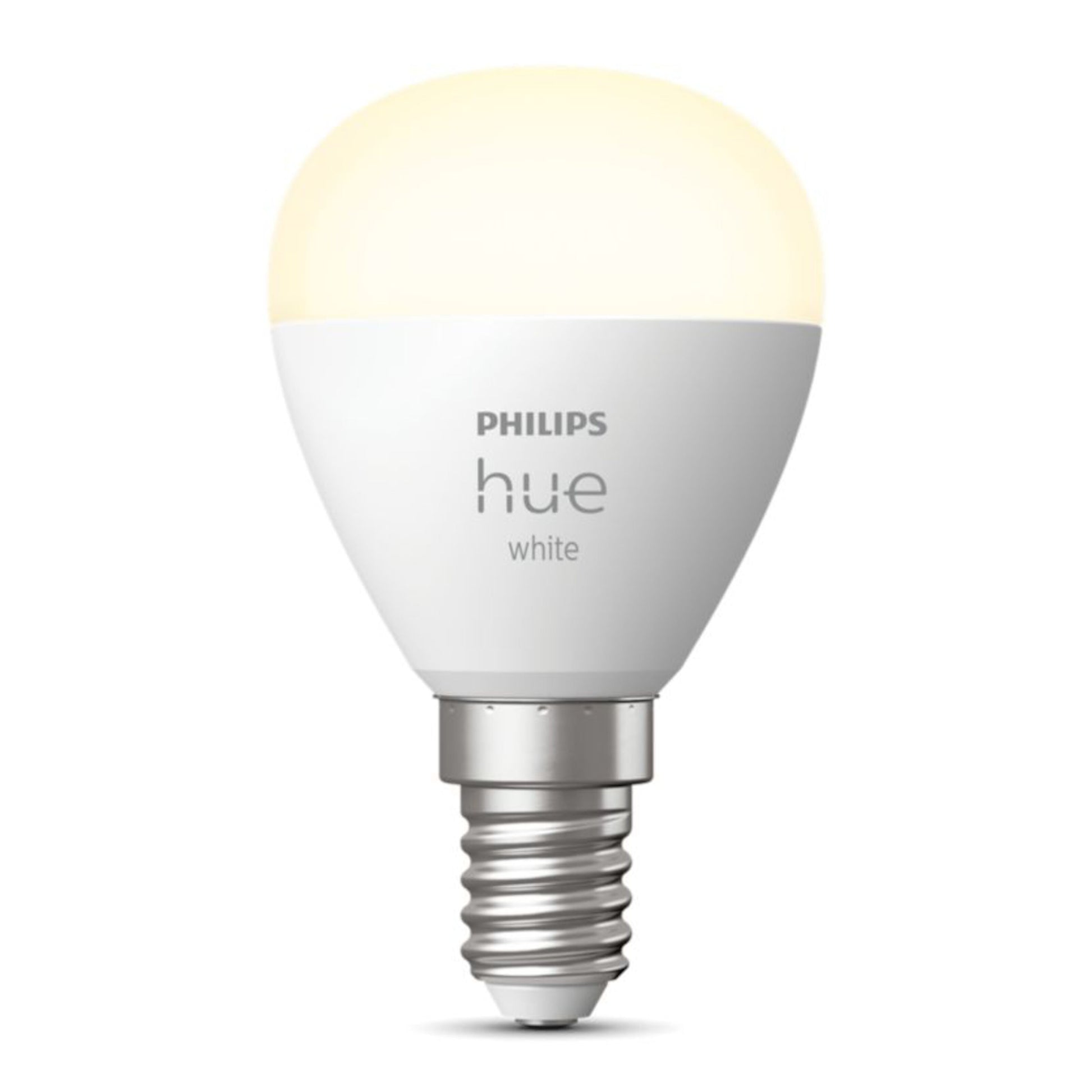 Philips Hue Luster Smart LED-pære E14 470 lm hvid med rund top, sølvfatning og synligt Philips Hue-logo.