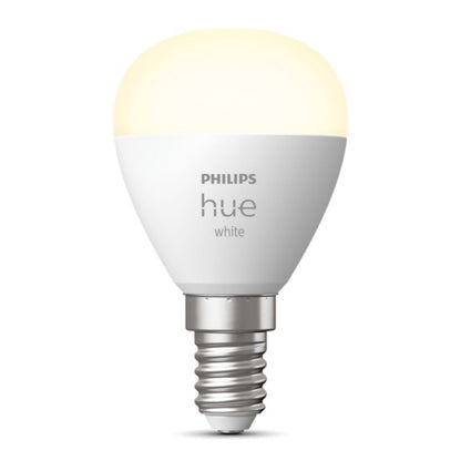 Philips Hue Luster Smart LED-pære E14 470 lm hvid med rund top, sølvfatning og synligt Philips Hue-logo.