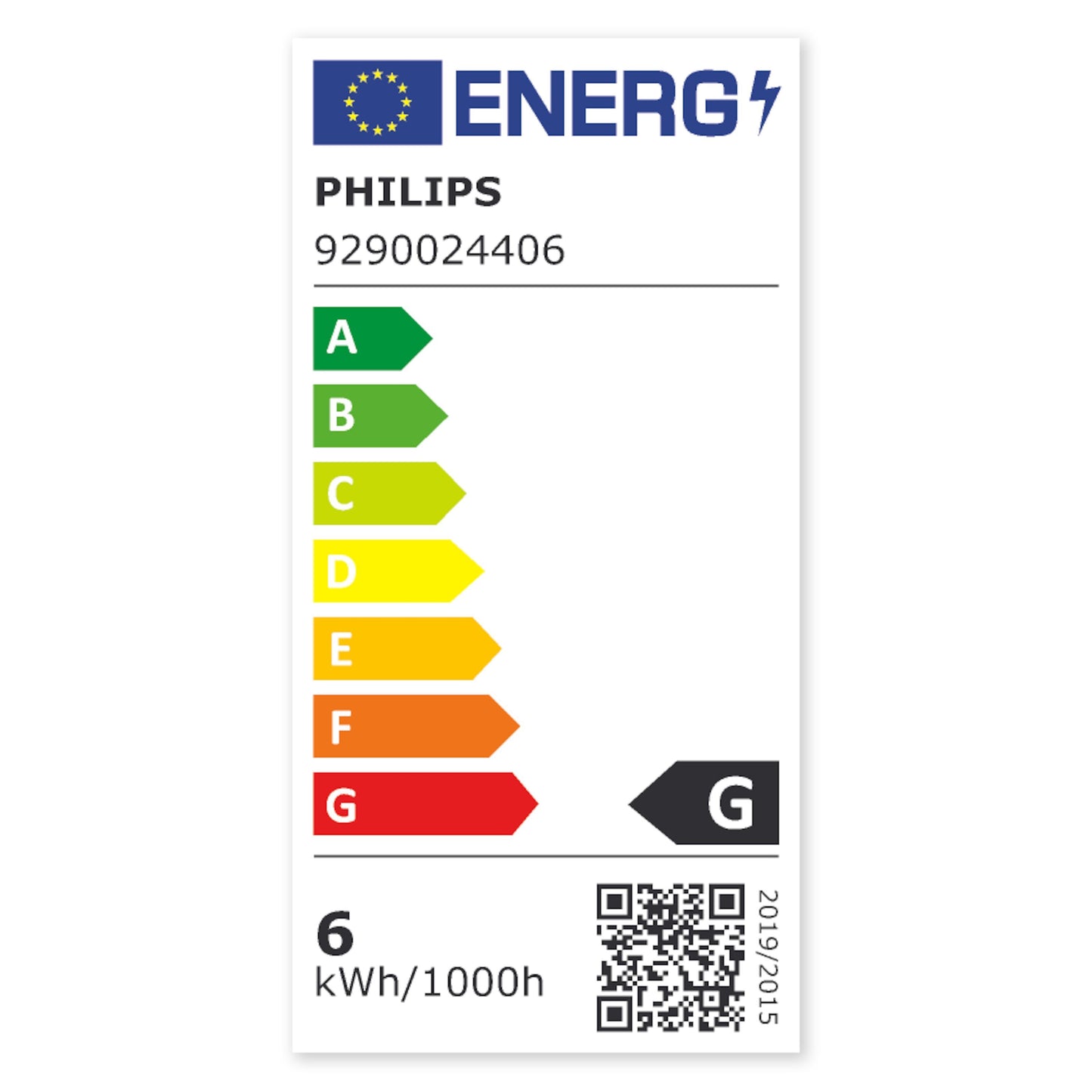 Energimærke til Philips Hue Luster Smart LED E14 470 lm 1-pak, energiklasse G rød, 6 kWh/1000h, EU-flag, QR-kode, serienr.