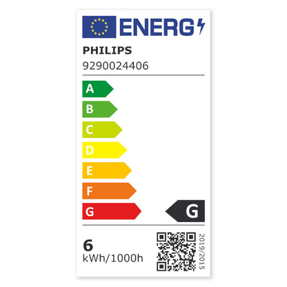 Energimærke til Philips Hue Luster Smart LED E14 470 lm 1-pak, energiklasse G rød, 6 kWh/1000h, EU-flag, QR-kode, serienr.