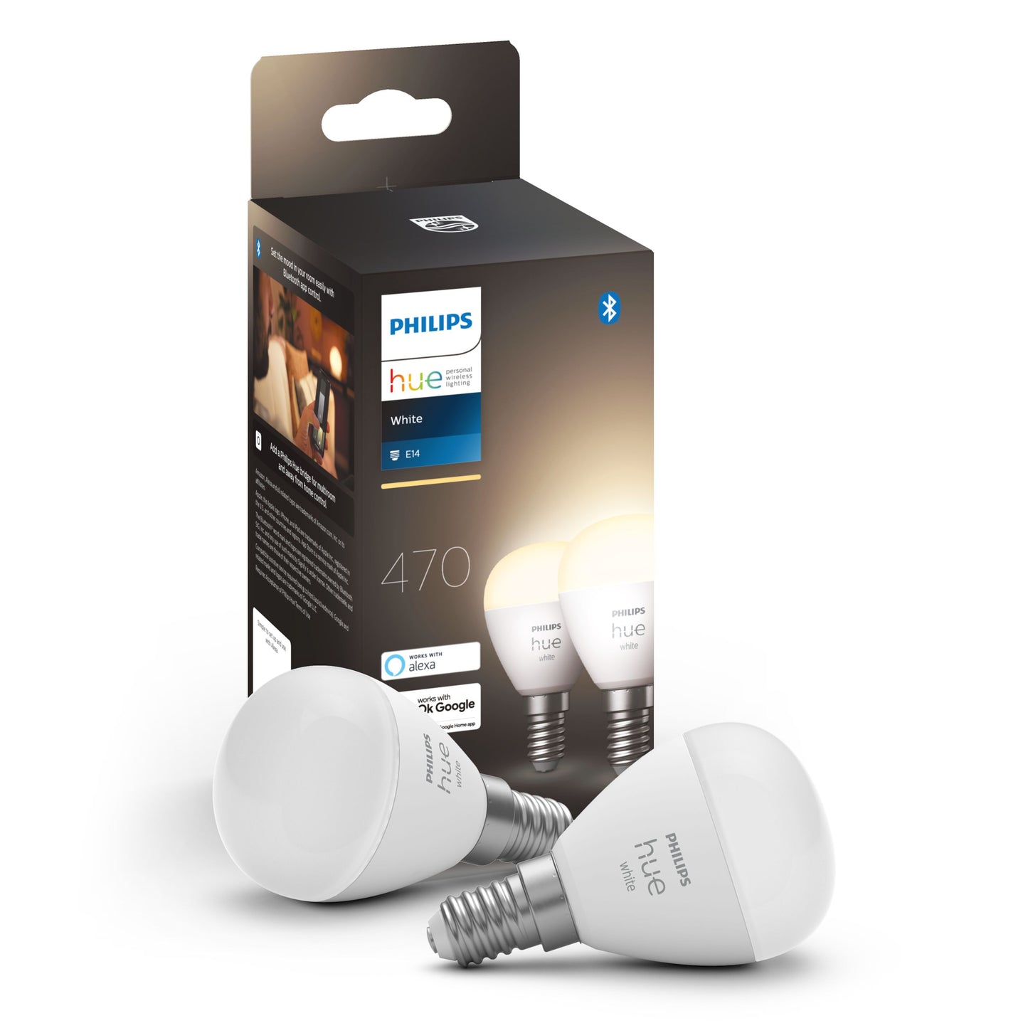 Philips Hue Luster Smart LED-pærer E14 470 lm i pakke, to tændte pærer med varmt hvidt lys synlige på emballagen.