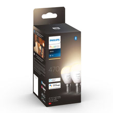 Philips Hue Luster Smart LED-pære E14 470 lm 2-pak, Bluetooth, Alexa Google Assistant Apple HomeKit logoer på sort æske.