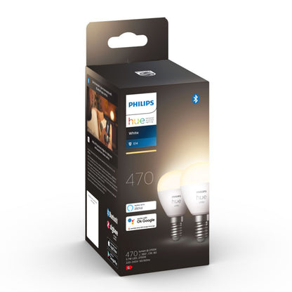 Philips Hue Luster Smart LED-pære E14 470 lm 2-pak, Bluetooth, Alexa Google Assistant Apple HomeKit logoer på sort æske.
