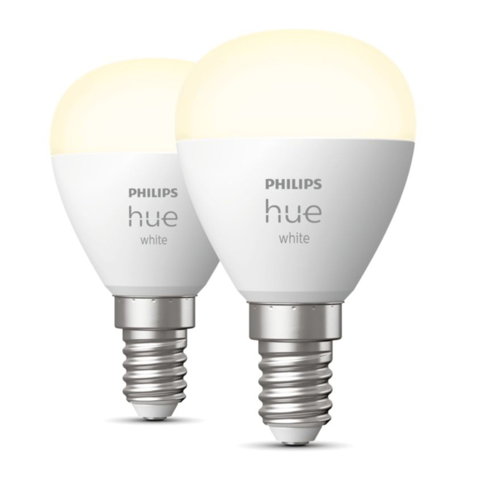 Philips Hue Luster Smart LED-pære E14 470 lm 2-pak, sølvfarvet sokkel, varmt hvidt lys.