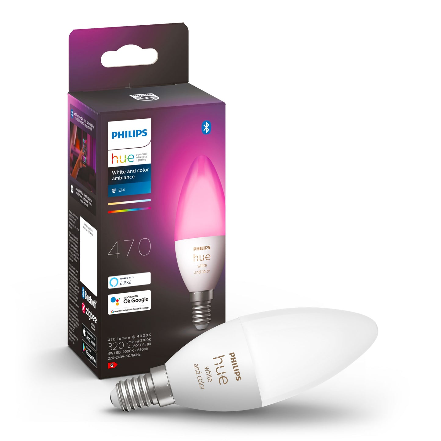 Philips Hue Color Ambiance LED-pære E14 470 lm 1-pak, hvid med sølv base, Bluetooth, ved siden af emballage med lilla/lyserød lys.