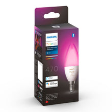 Philips Hue Color Ambiance Smart LED-pære E14 470 lm 1-pak, lyser pink, Bluetooth og voice assistant logo på emballagen.