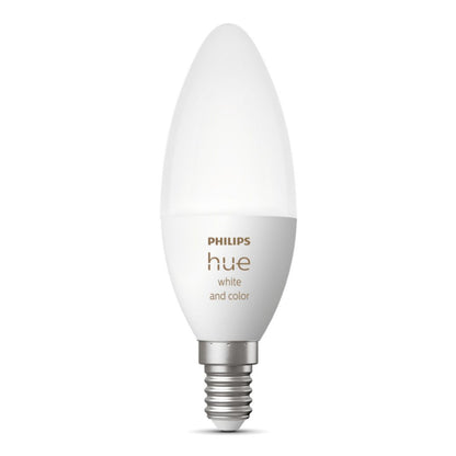 Philips Hue Color Ambiance Smart LED-pære E14 470 lm, stearinlysform, sølv skruefod, Bluetooth.