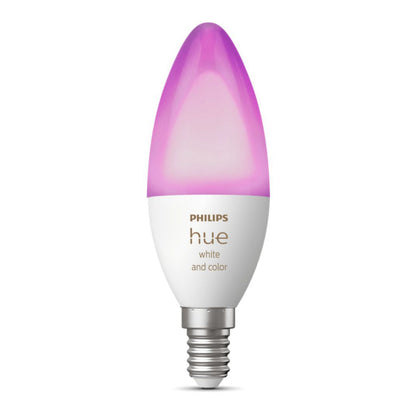 Philips Hue Color Ambiance E14 smart LED-pære 470 lm, stearinlysform, hvid base, pink/lilla lys, Bluetooth.