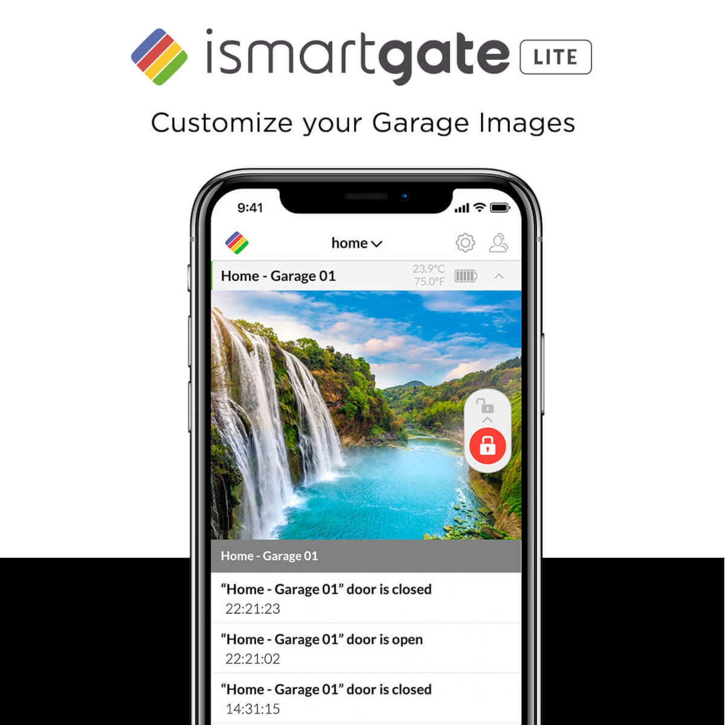 Smartphone med Ismartgate Lite-app viser garageportsstatus, vandfaldsbillede og tekst om tilpasning af garagebilleder.