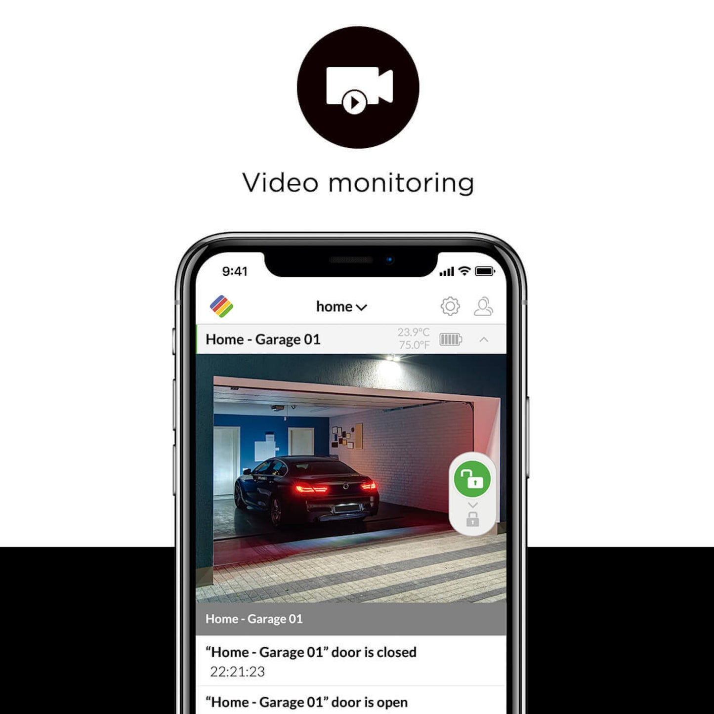 Ismartgate Lidt garageportåbner app med live video, dørstatus og tidsstempel vist på smartphone, stemmestyring supporteret.