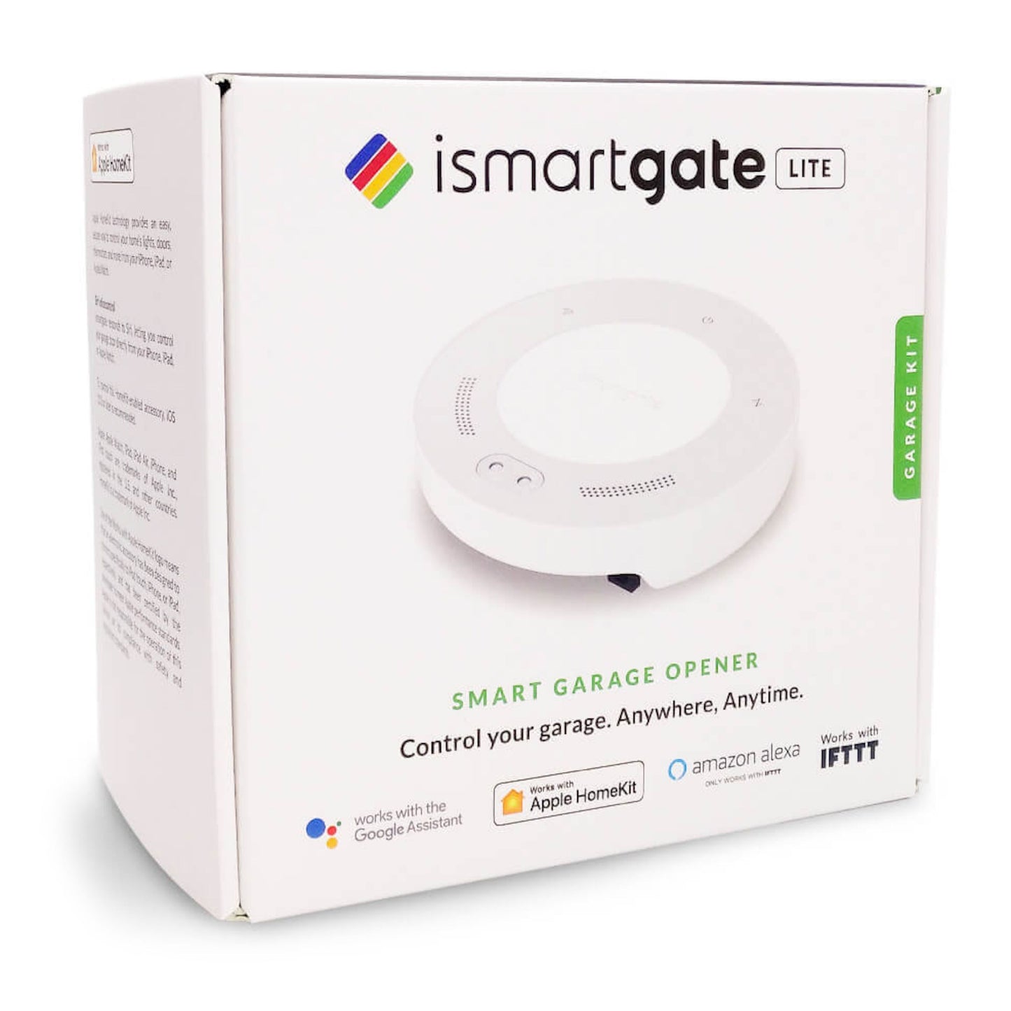 Ismartgate Lidt garageportåbner til en port, æske med Ismartgate-logo og ikoner til Google Assistant, HomeKit, Alexa og IFTTT.