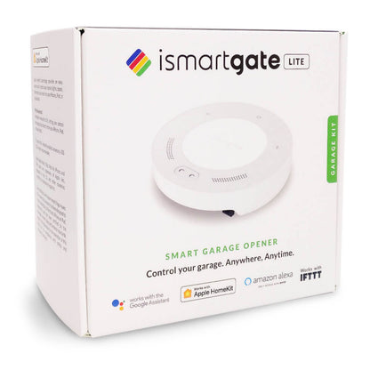 Ismartgate Lidt garageportåbner til en port, æske med Ismartgate-logo og ikoner til Google Assistant, HomeKit, Alexa og IFTTT.