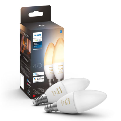 Philips Hue Ambiance Smart LED-pærer E14 470 lm med emballage, der viser kompatibilitet med Alexa, Google Assistant, HomeKit.