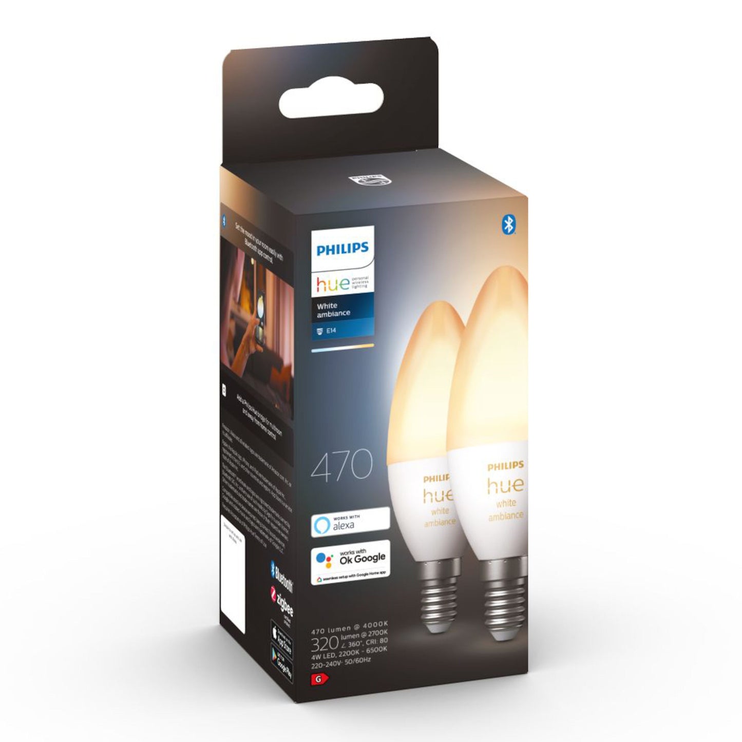 2-pak Philips Hue Ambiance Smart LED-pære E14 470 lm, lysform, info og kompatibilitetslogoer på æske.