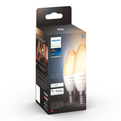 2-pak Philips Hue Ambiance Smart LED-pære E14 470 lm, lysform, info og kompatibilitetslogoer på æske.