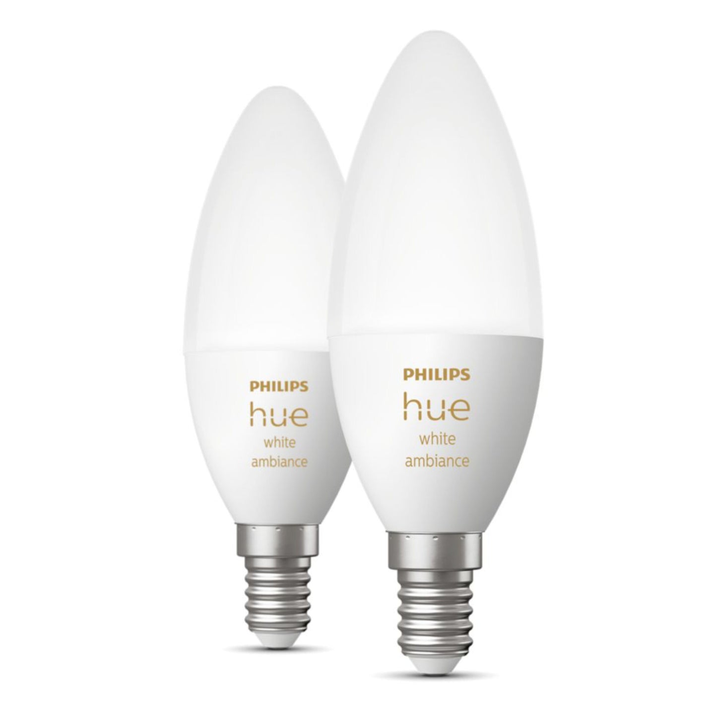 Philips Hue Ambiance Smart LED-pærer E14 470 lm 2-pak, hvidt design med sølvfarvede skruefatninger.