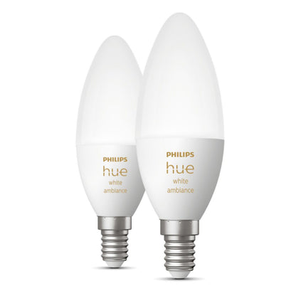 Philips Hue Ambiance Smart LED-pærer E14 470 lm 2-pak, hvidt design med sølvfarvede skruefatninger.