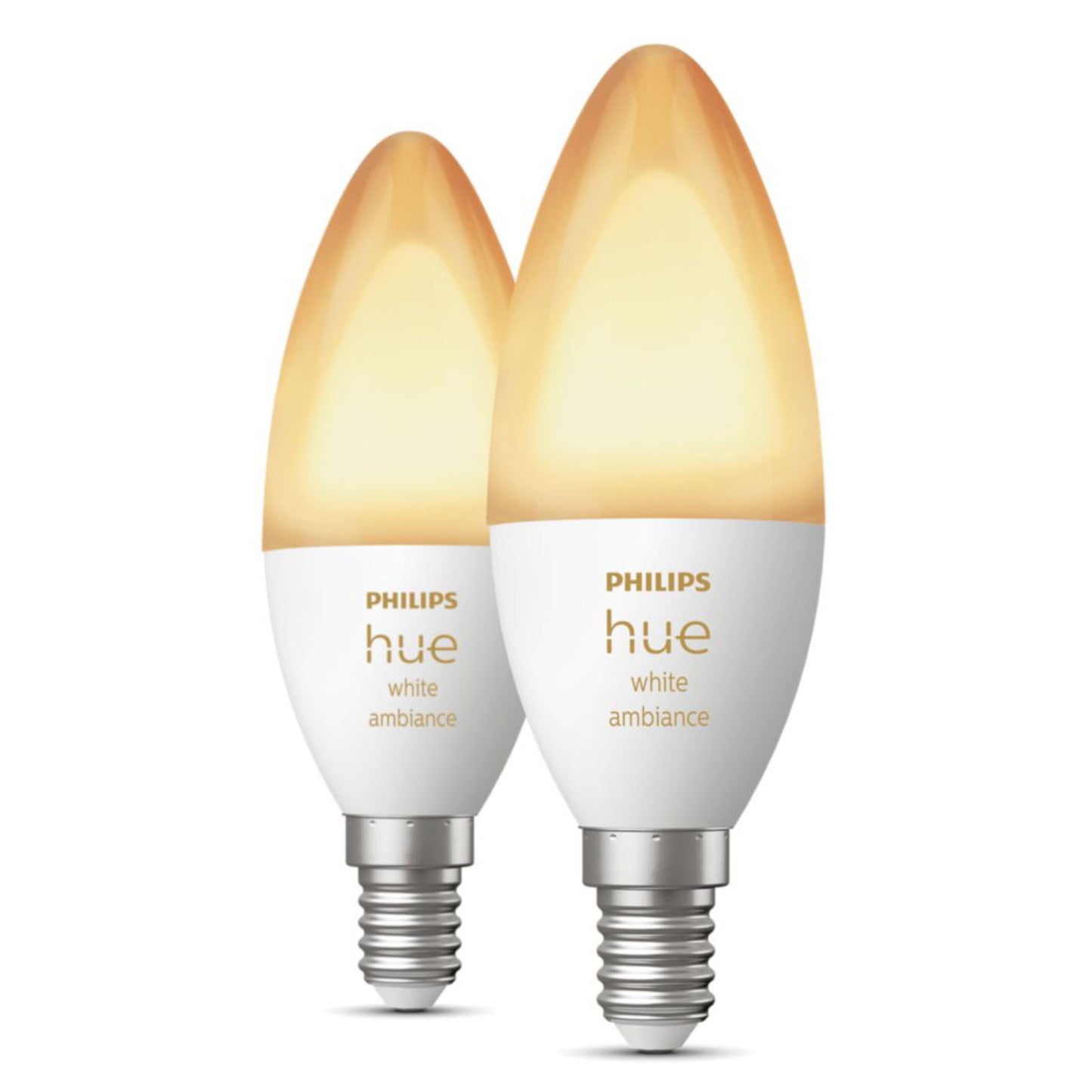 Philips Hue White Ambiance LED-pærer E14 470 lm 2-pak, hvid base, sølvskruer, "Philips hue white ambiance" på siden.