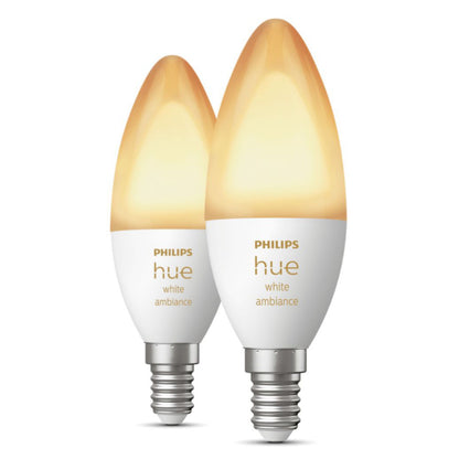 Philips Hue White Ambiance LED-pærer E14 470 lm 2-pak, hvid base, sølvskruer, "Philips hue white ambiance" på siden.