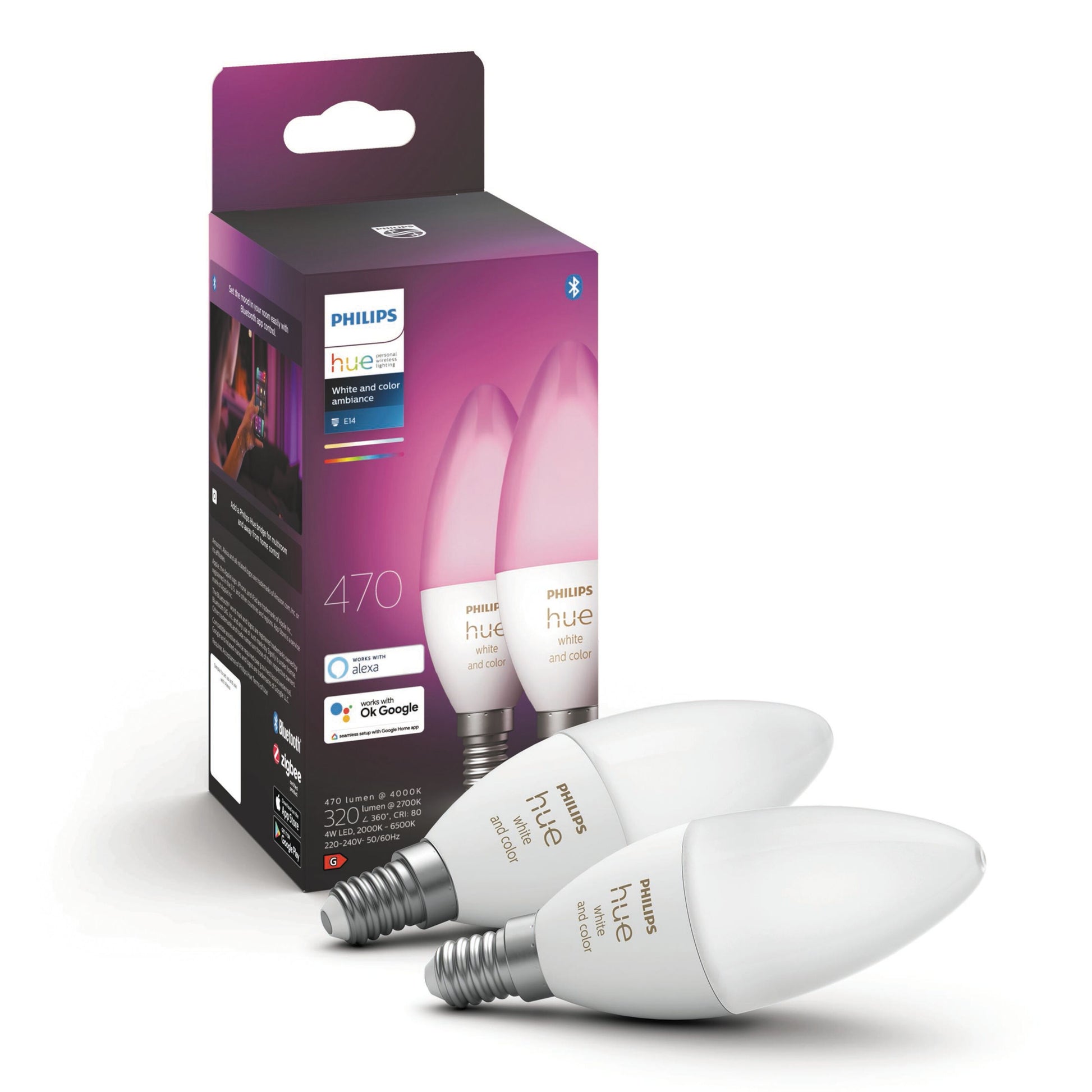 Philips Hue Color Ambiance Smart LED-pærer E14 470 lm 2-pak små fatninger, lilla og hvide æsker med Bluetooth-logo.