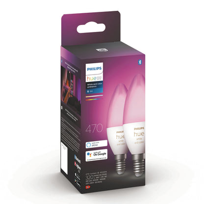 Philips Hue Color Ambiance Smart LED E14 470 lm 2-pak, lilla/hvid æske, til stearinlysformede pærer med Bluetooth.
