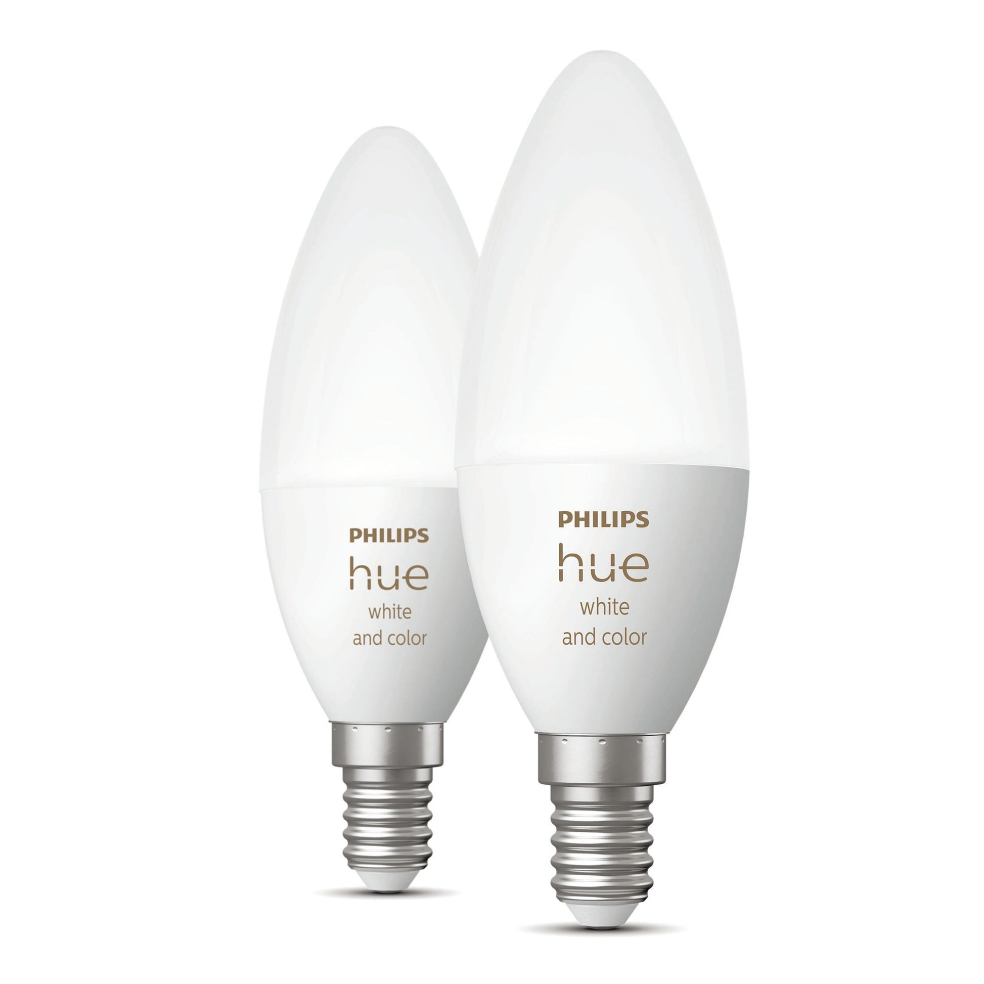 Philips Hue Color Ambiance Smart LED-pære E14 470 lm 2-pak, stearinlysform, sølv skruefatning.