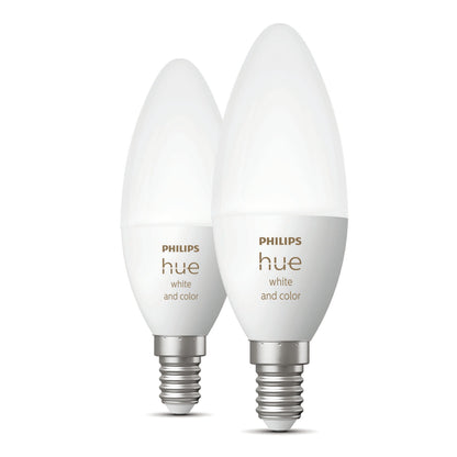 Philips Hue Color Ambiance Smart LED-pære E14 470 lm 2-pak, stearinlysform, sølv skruefatning.