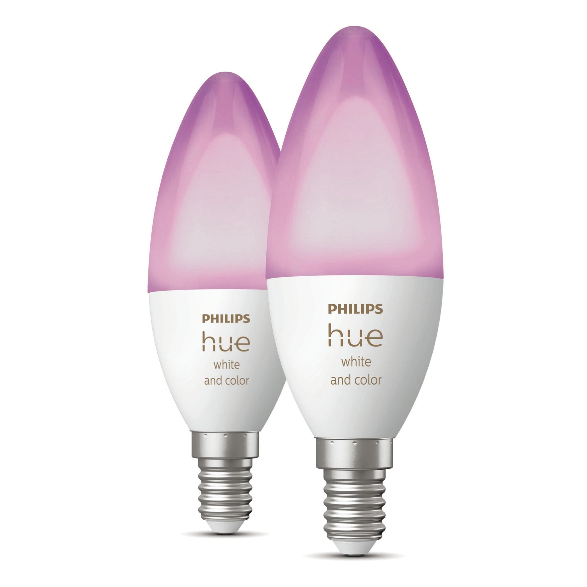 Philips Hue Color Ambiance Smart LED-pærer E14 470 lm 2-pak, stearinlysform, hvide sokler, lyser pink-lilla.