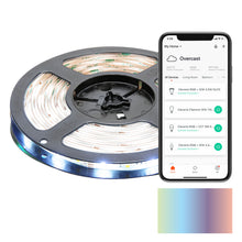 Cleverio Smart LED-strips med wifi 5 meter rulle ved siden af smartphone med Cleverio app og regnbuefarvet palette.