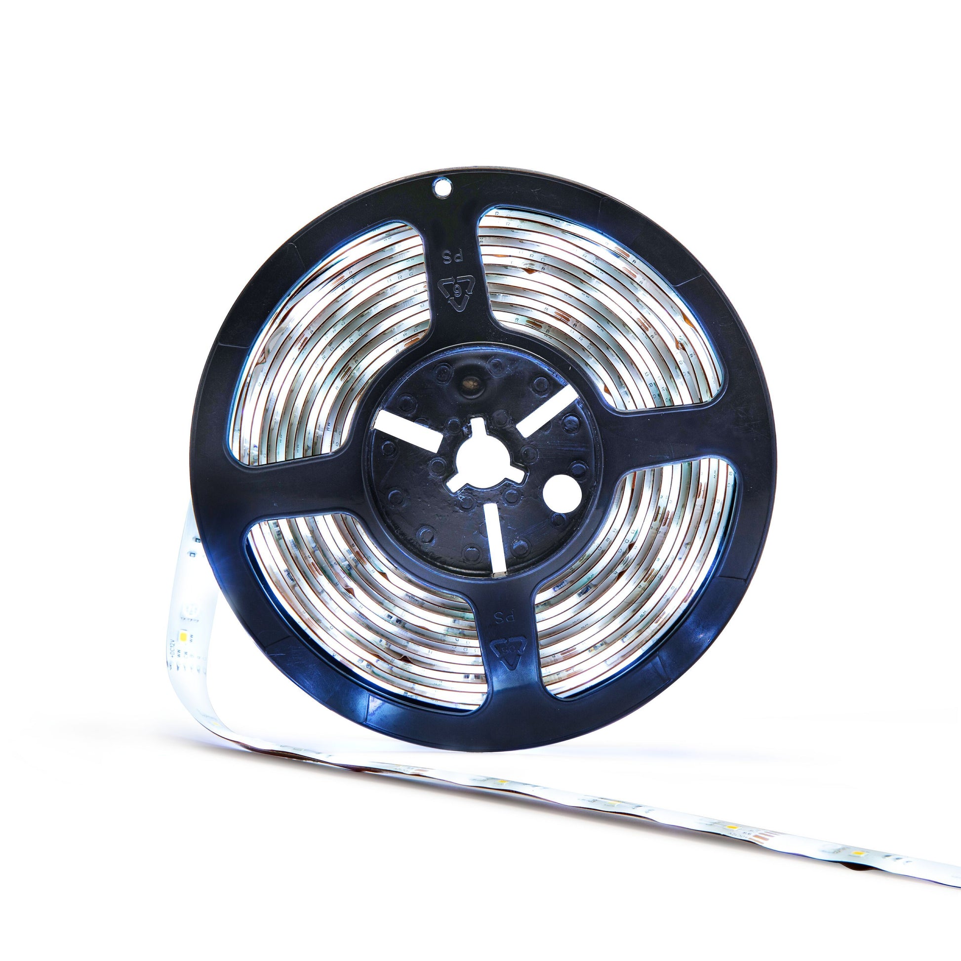 Cleverio Smart LED-strips med wifi 5 m sort plastspole, delvist udrullet og rullet LED-strip.