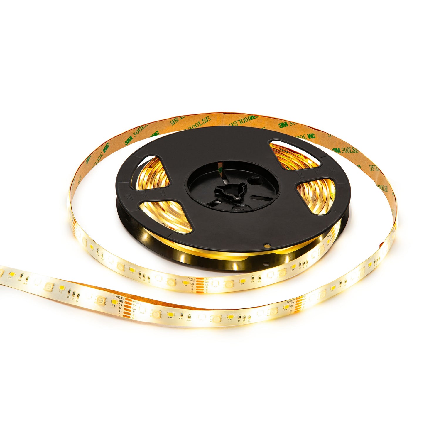Smart LED-strip med wifi 5 m, varm glød, delvist rullet ud på sort plastspole.