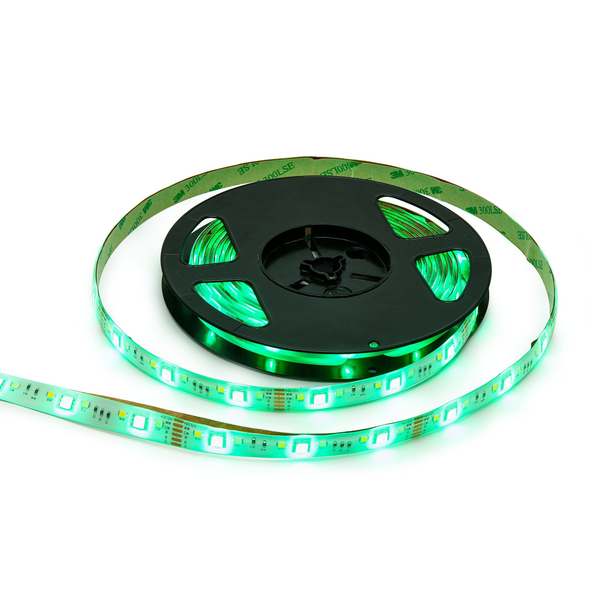 Cleverio Smart LED-strips wifi 5 m, grøn belysning, rullet ud fra sort spole.