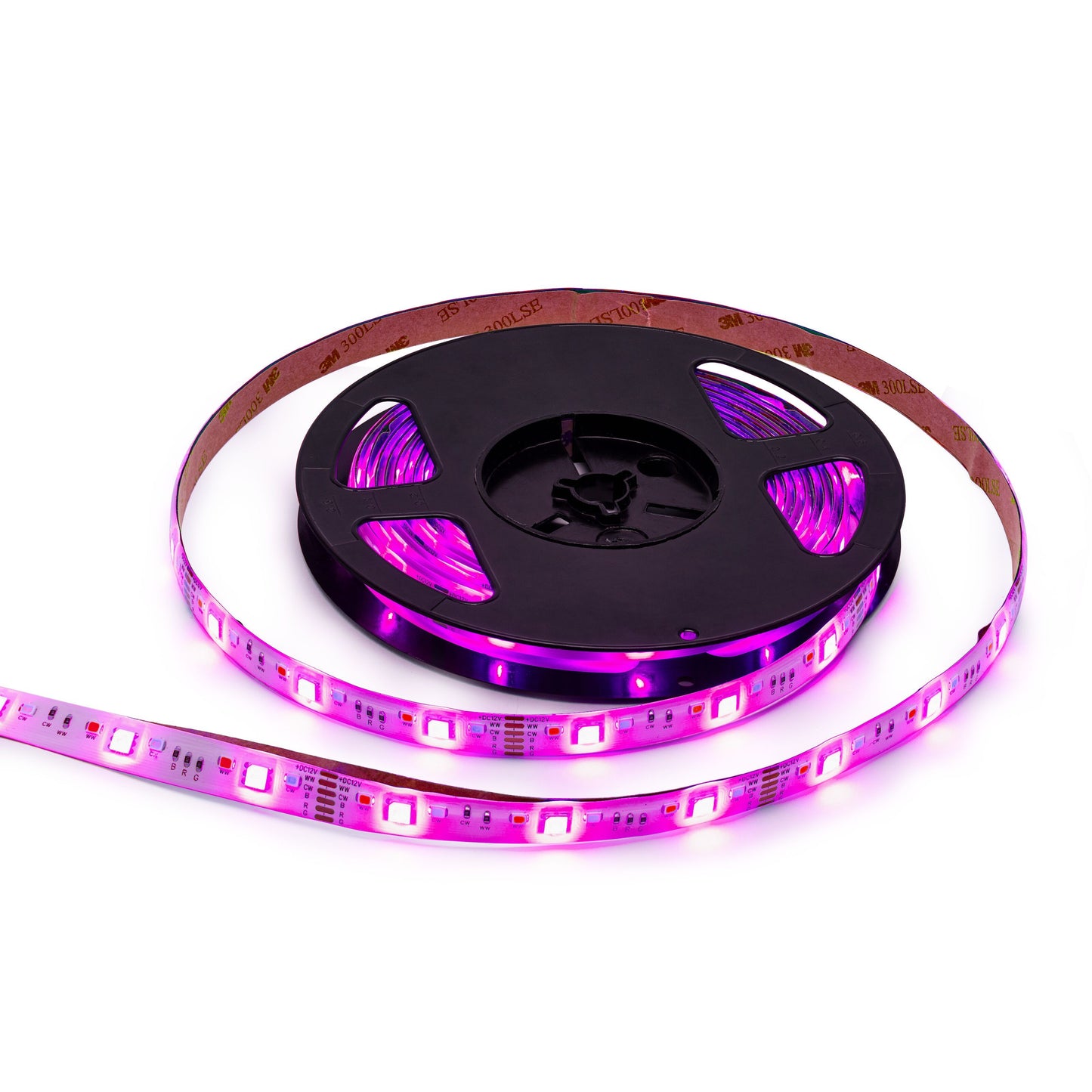 Cleverio Smart LED-strip wifi 5 m, lyser lilla, delvist rullet ud fra sort spole.