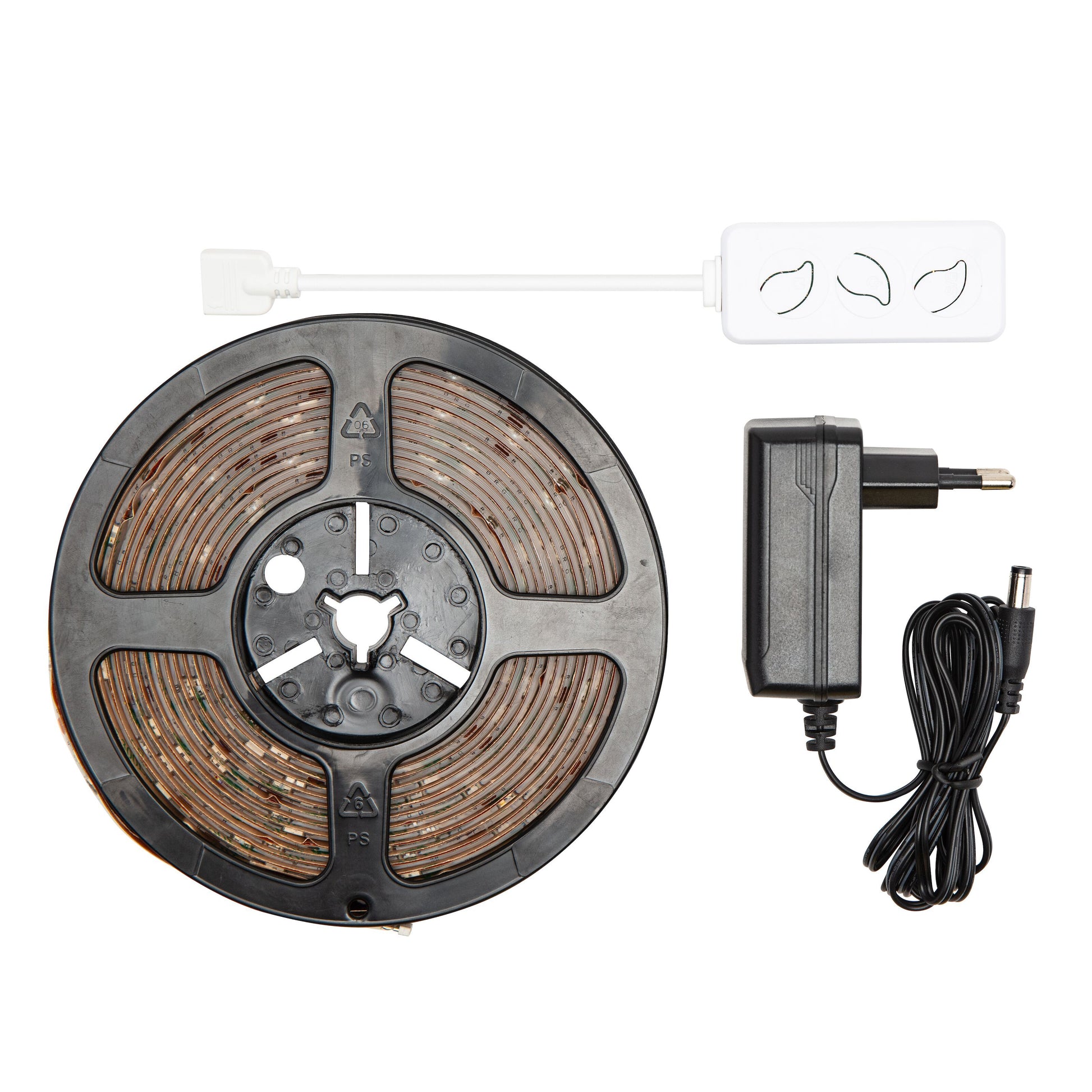 Cleverio Smart LED-strips med wifi 5 m, sort strømforsyning og hvid fjernbetjening.