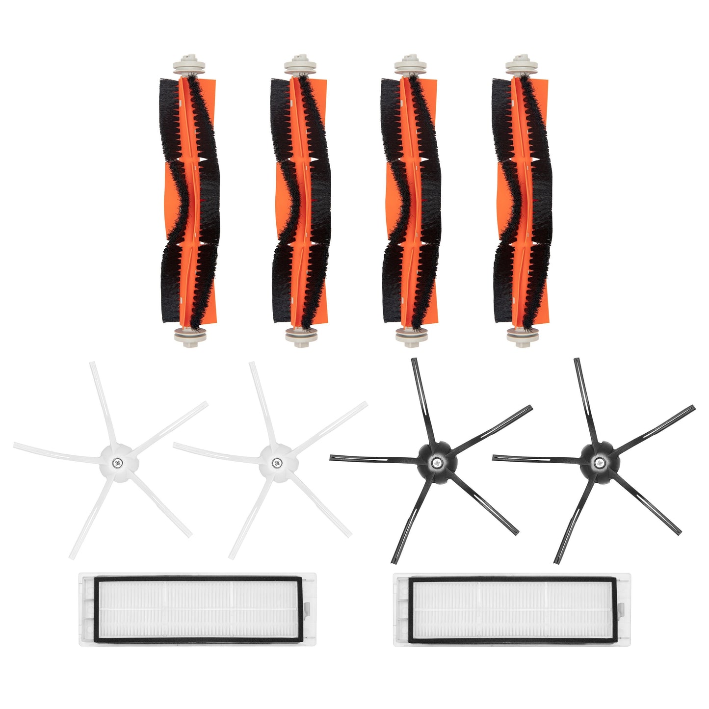 Tilbehørssæt til Roborock-støvsuger med 4 hovedbørster, 4 sidebørster (2 hvide, 2 sorte) og 2 HEPA-filtre.