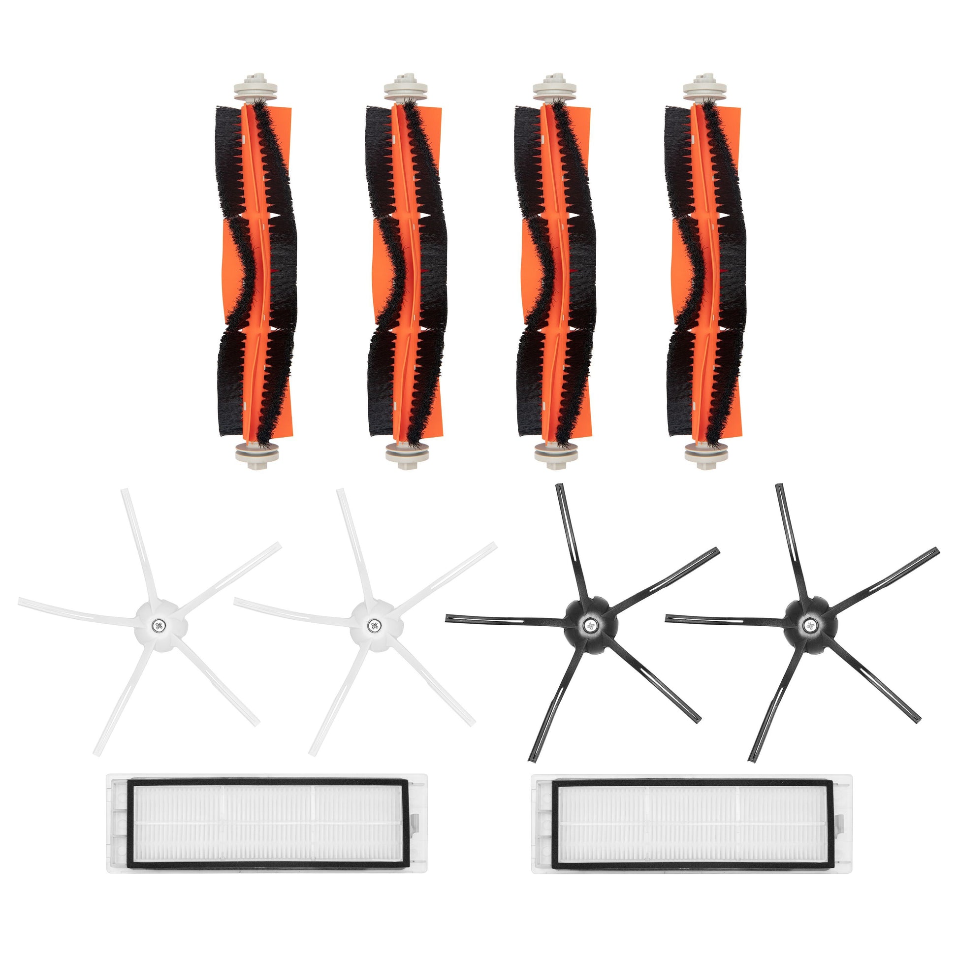 Tilbehørssæt til Roborock-støvsuger med 4 hovedbørster, 4 sidebørster (2 hvide, 2 sorte) og 2 HEPA-filtre.