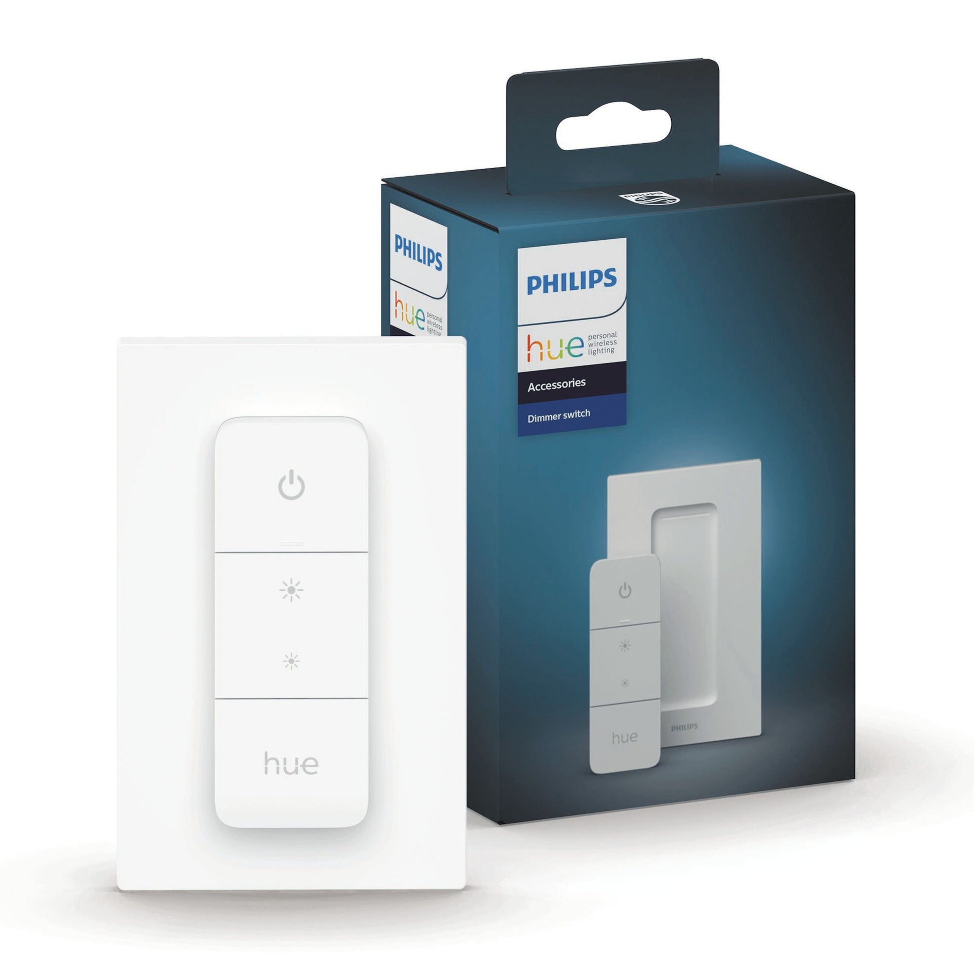 Philips Hue Dim Switch v2 fjernbetjening med fire knapper ved blå-sort æske med logo og modelnavn.