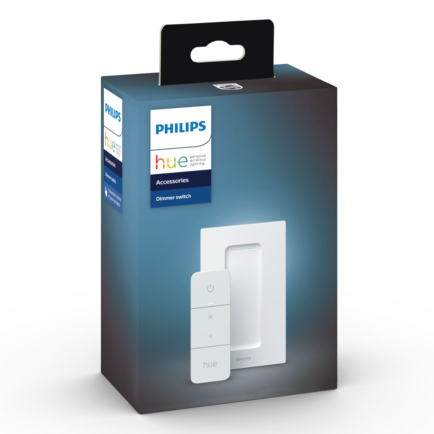 Philips Hue Dim Switch v2 Fjernbetjening i æske med Philips Hue-logo og smart belysning branding på mørk gradient baggrund.