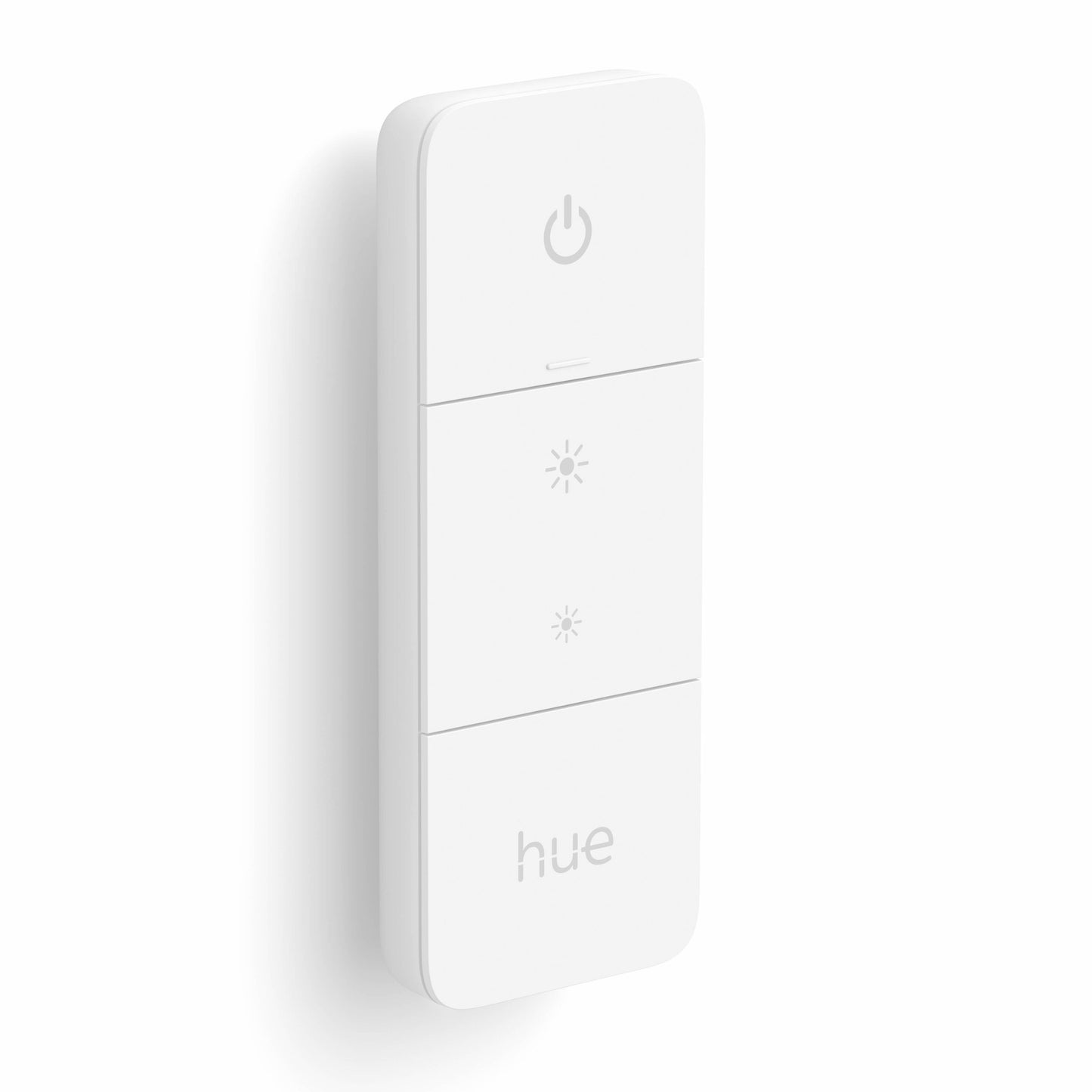 Philips Hue Dim Switch v2 fjernbetjening, hvid, rektangulær, vægmonteret med tre knapper og Philips Hue-logo.