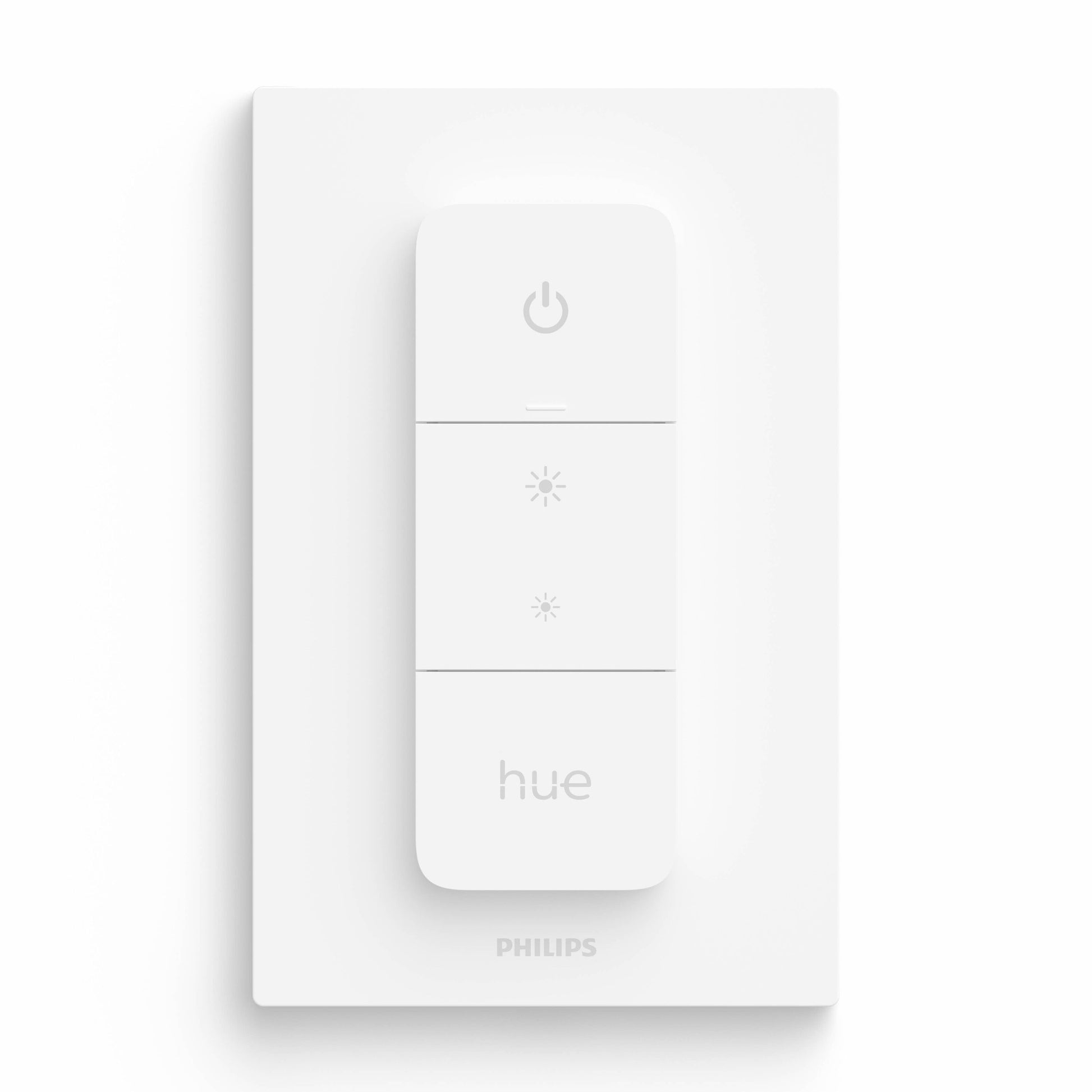 Philips Hue Dim Switch v2 fjernbetjening, hvid, rektangulær med fire knapper til tænd/sluk, lysstyrke og farveskift.