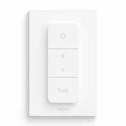 Philips Hue Dim Switch v2 fjernbetjening, hvid, rektangulær med fire knapper til tænd/sluk, lysstyrke og farveskift.