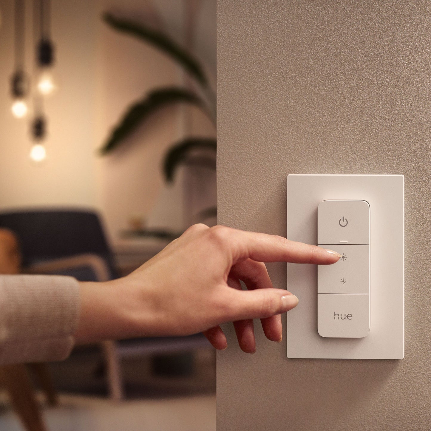Philips Hue Dim Switch v2 fjernbetjening bruges til smart belysning, hånd i fokus, ophængte lamper og plante baggrund.