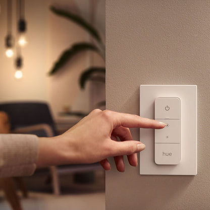 Philips Hue Dim Switch v2 fjernbetjening bruges til smart belysning, hånd i fokus, ophængte lamper og plante baggrund.