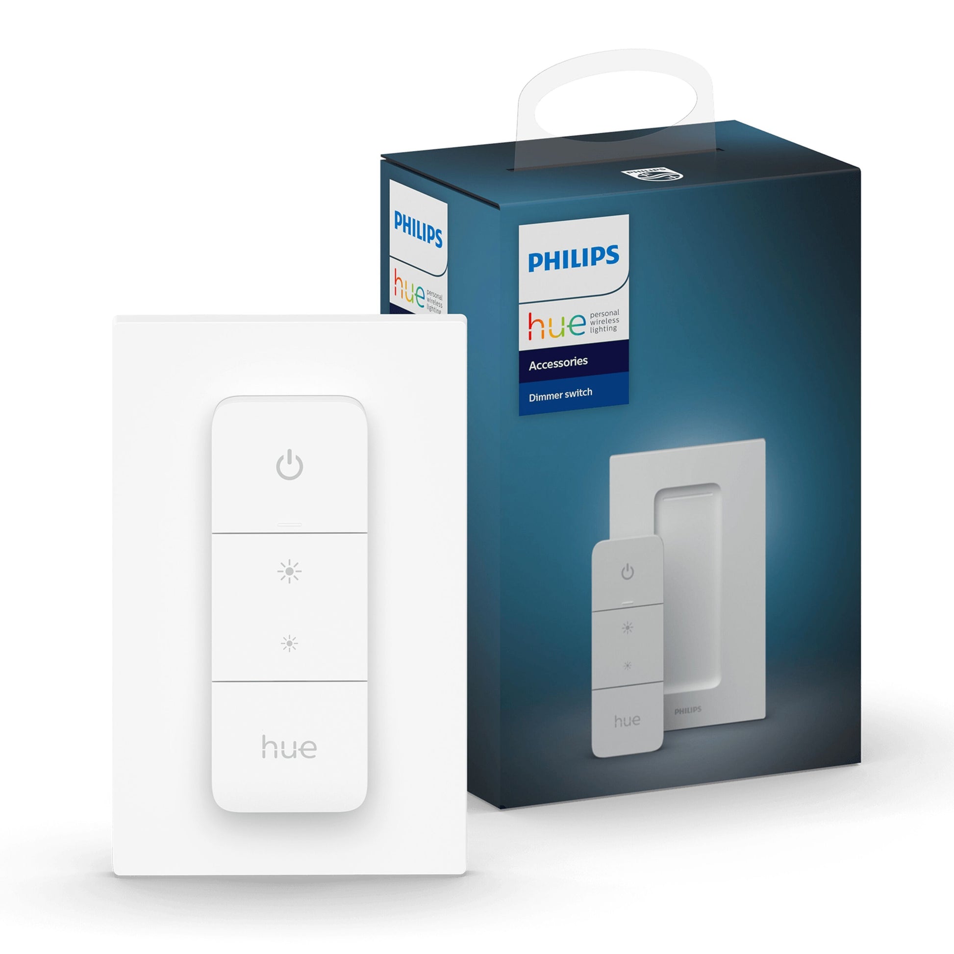 Philips Hue Dim Switch v2 fjernbetjening står oprejst ved siden af æske med Philips Hue-logo.