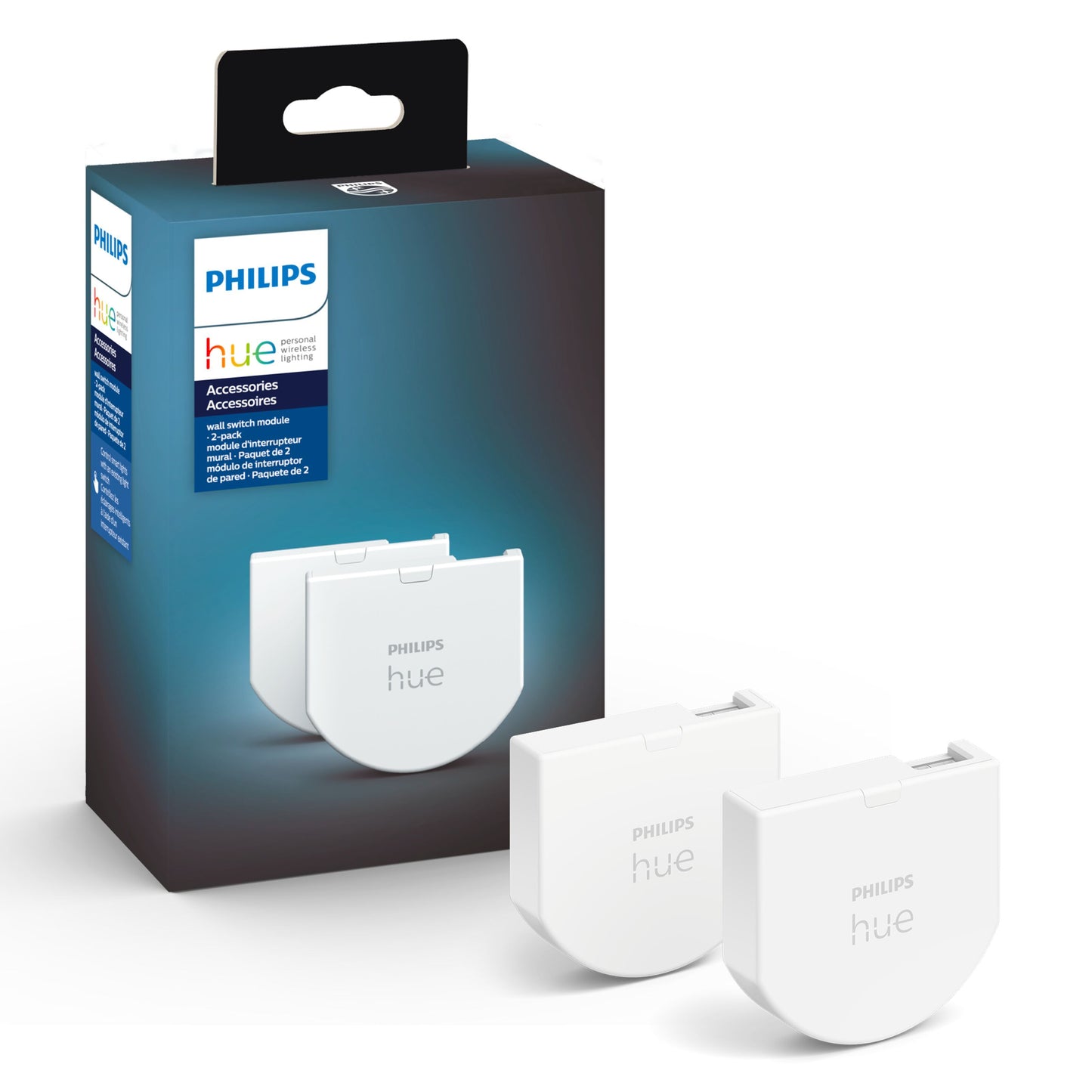 Philips Hue Vægafbrydermodul 2 stk hvid, rektangulær adapter, emballage med Philips-logo og scenestyring nævnt.