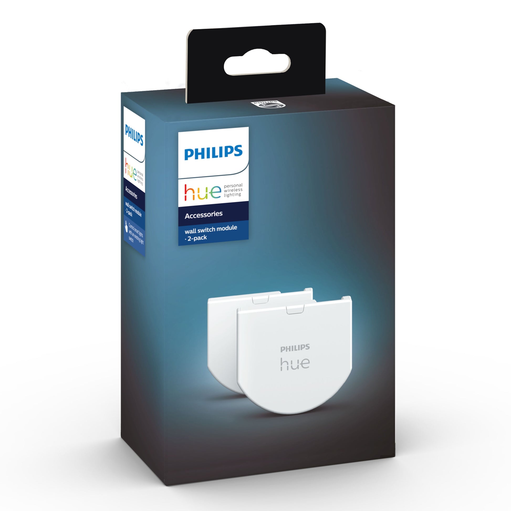Philips Hue Vægafbrydermodul 2 stk æske med Philips Hue logo og billede af begge moduler på forsiden.