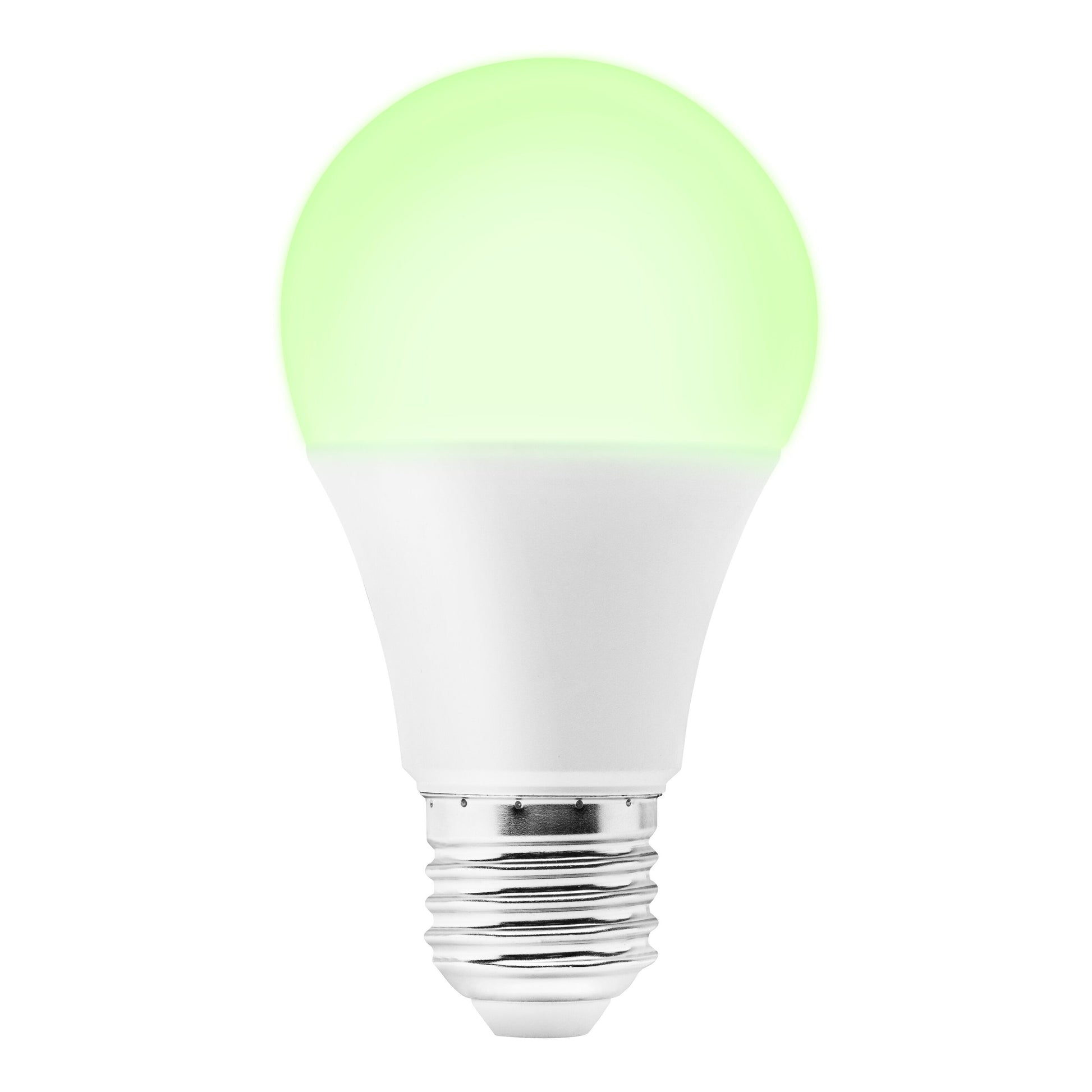 Cleverio Smart E27 RGB LED-pære 806 lm, hvid med lysende lysegrøn top og metalfatning, Google Assistant og Alexa.
