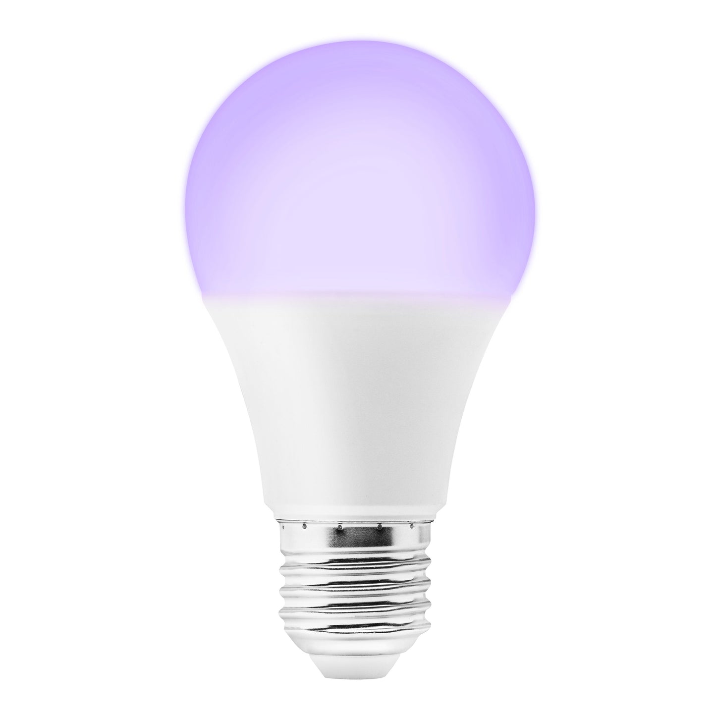 Cleverio Smart E27 RGB LED-pære 806 lm, sølv base, lyser lilla.