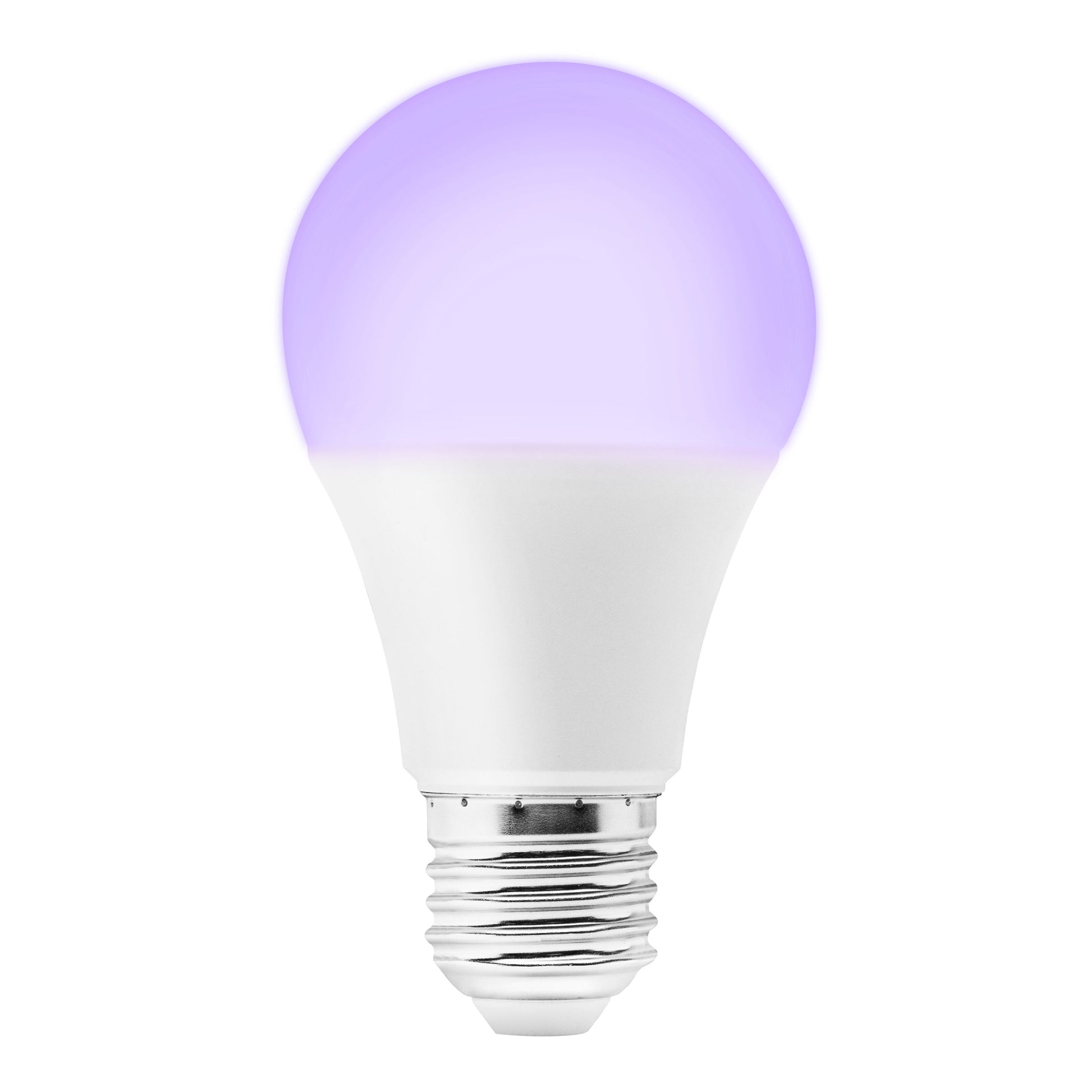 Cleverio Smart E27 RGB LED-pære 806 lm, sølv base, lyser lilla.